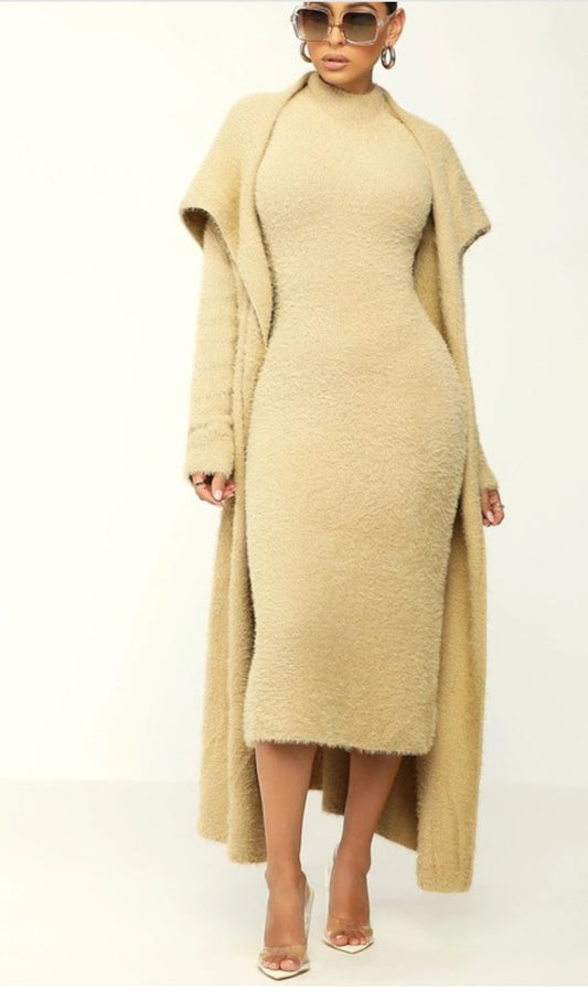 Fuzzy Skim Two-Piece Cardigan Dress Set