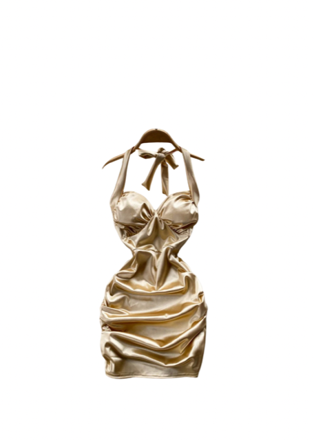 Golden Cascade Silk Halter Dress