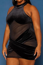 Load image into Gallery viewer, Plus Size Velvet Mesh Contrast Bodycon Mini Dress