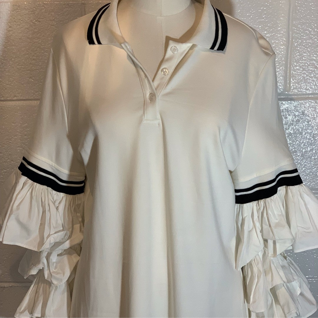 White Polo Dress W/ Open Ruffled Sleeves