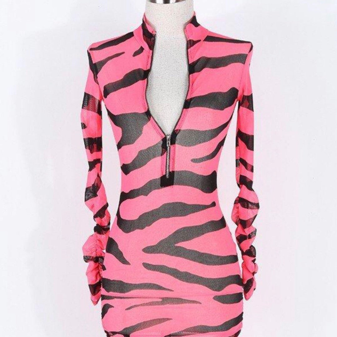 Neon Pink Zebra Print Mesh Dress