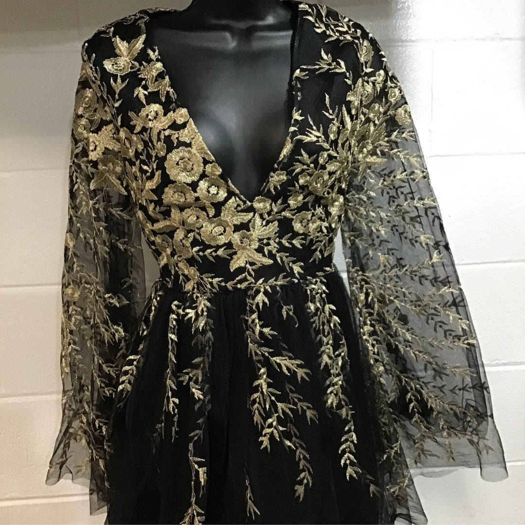 Black Dress With Gold Vine Embroidery