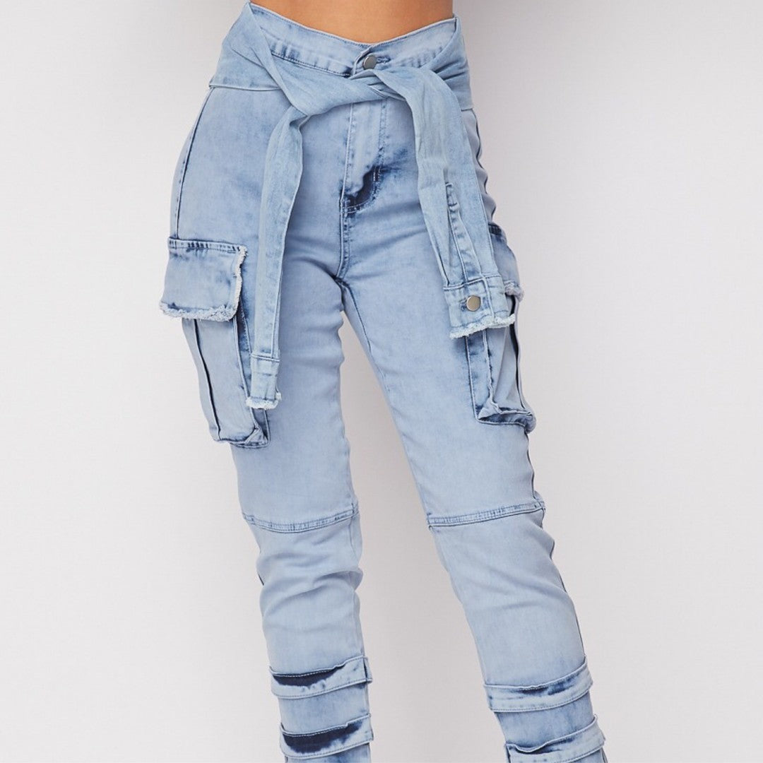 Waist Sleeve Tie Denim Pants