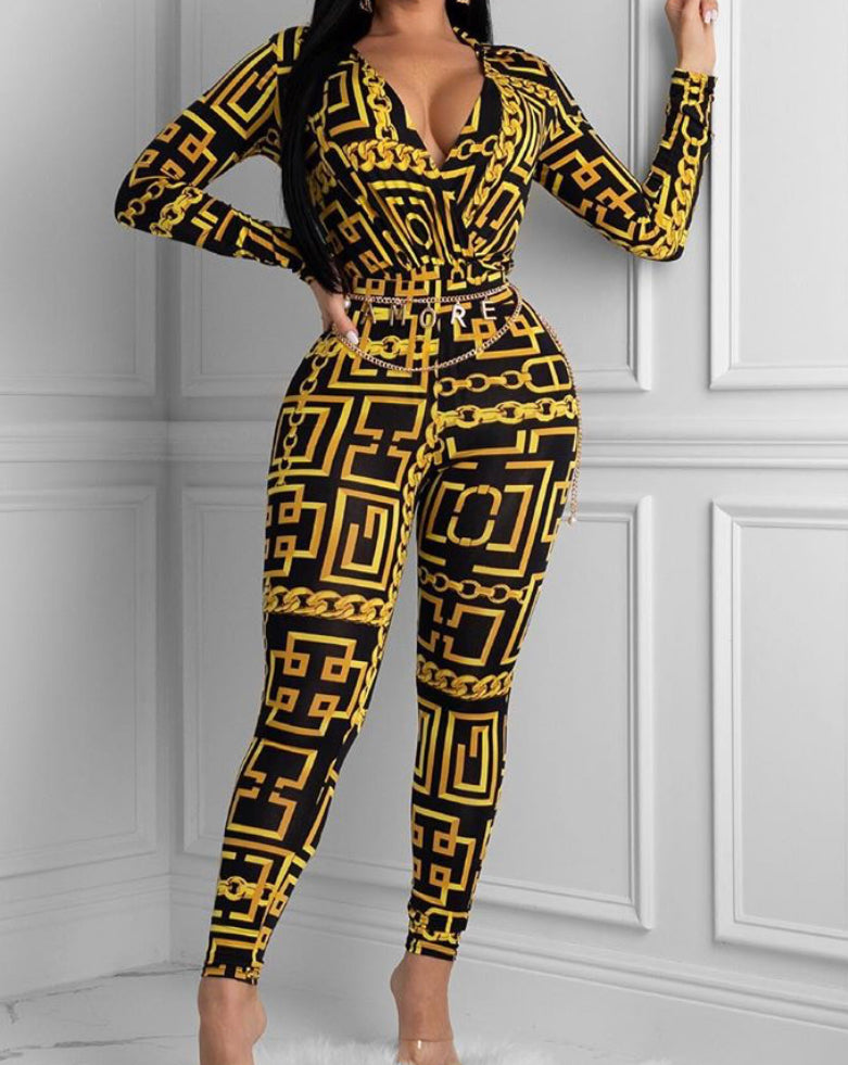 All Chained Up Black and Gold Bodysuit Pant Set