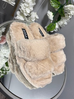 Corset Double Strap Faux Fur Slides