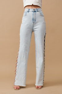 Cut Out At Side w/ Jewel Trim Stretch Denim Jeans