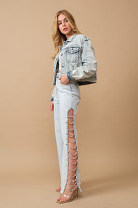 Cut Out At Side w/ Jewel Trim Stretch Denim Jeans