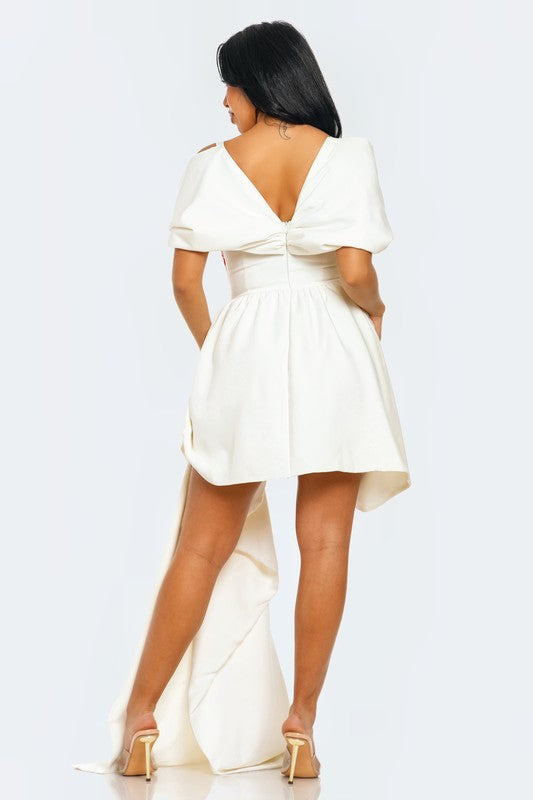 Asymmetric Off-Shoulder Floral Applique Dress