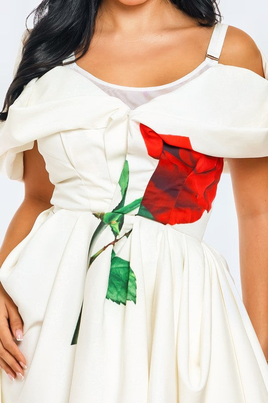 Asymmetric Off-Shoulder Floral Applique Dress