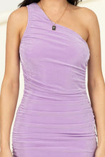 Load image into Gallery viewer, Slinky One Shoulder Ruched Asymmetric Hem Dress
