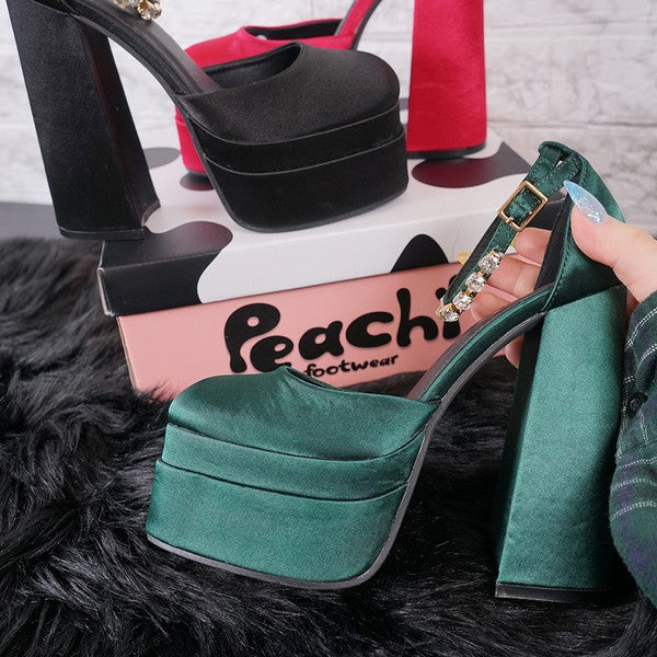 WOMEN SATIN PLATFORM CHUNKY RHINESTONE HEELS PUMPS