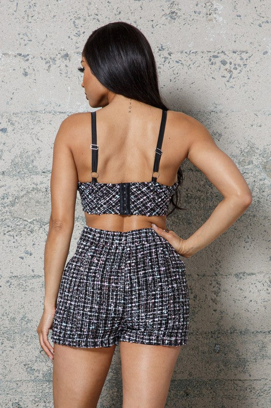 TWEED SET WTH JACKET, BUSTIER AND SHORTS