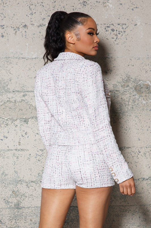 TWEED SET WTH JACKET, BUSTIER AND SHORTS