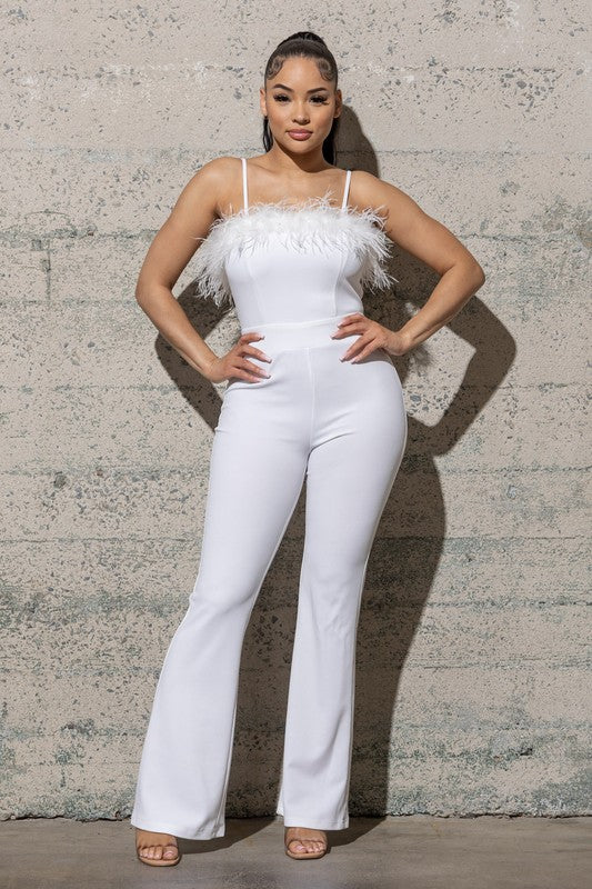 BELL BOTTOM KNIT CRAPE JUMPSUIT WITH FEATHERS