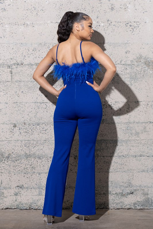 BELL BOTTOM KNIT CRAPE JUMPSUIT WITH FEATHERS