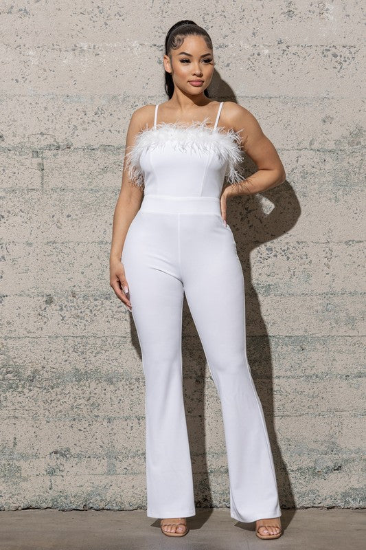 BELL BOTTOM KNIT CRAPE JUMPSUIT WITH FEATHERS