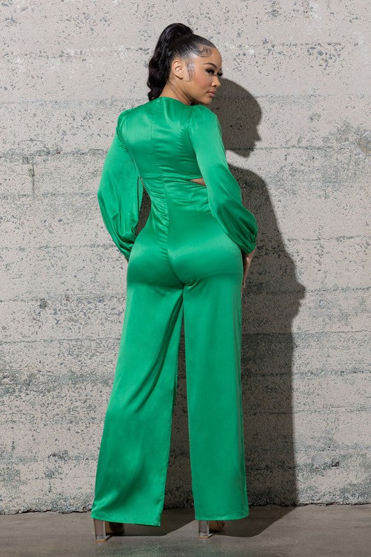 STRETCHY SATIN JUMPSUIT WITH LONG PUFFY SLEEVES
