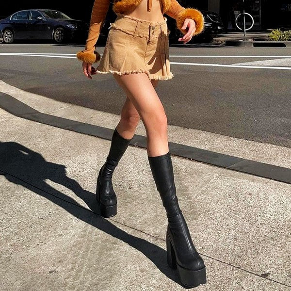 WOMENS CHUNKY PLATFORM SQUARE TOE TALL BOOTS