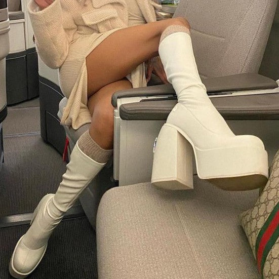 WOMENS CHUNKY PLATFORM SQUARE TOE TALL BOOTS