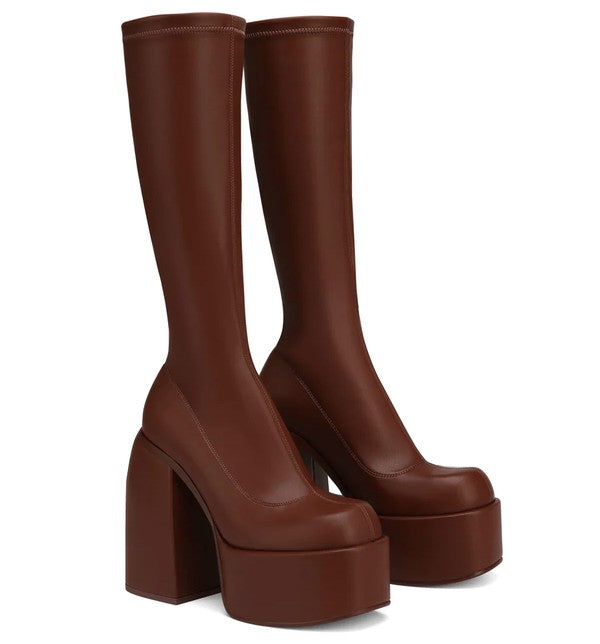 WOMENS CHUNKY PLATFORM SQUARE TOE TALL BOOTS