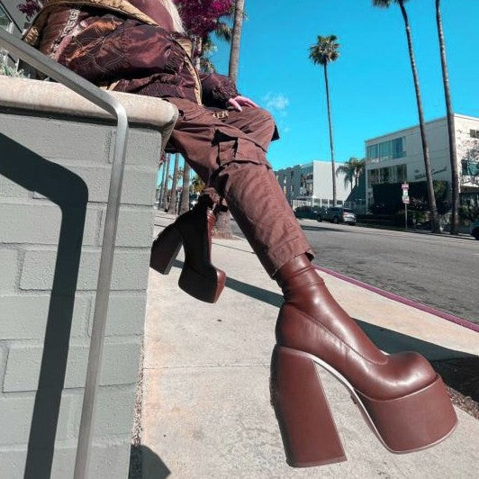 WOMENS CHUNKY PLATFORM SQUARE TOE TALL BOOTS