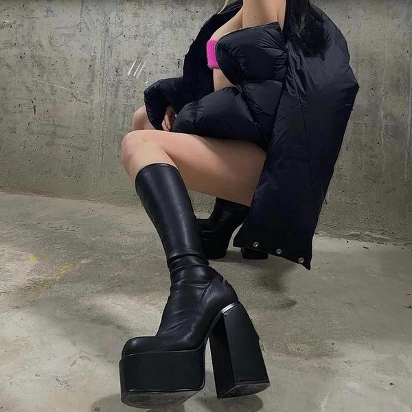 WOMENS CHUNKY PLATFORM SQUARE TOE TALL BOOTS