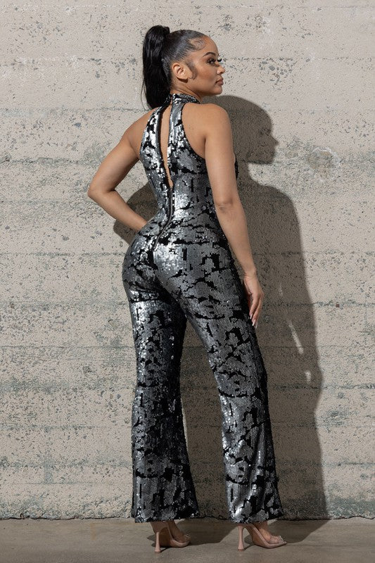 BELL BOTTOM STRETCHY VELVET SEQUINS JUMPSUIT