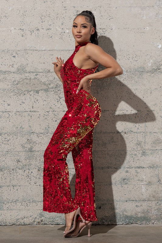 BELL BOTTOM STRETCHY VELVET SEQUINS JUMPSUIT