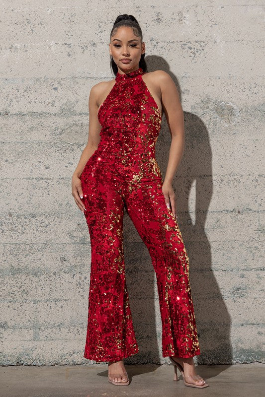 BELL BOTTOM STRETCHY VELVET SEQUINS JUMPSUIT