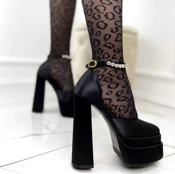 WOMEN SATIN PLATFORM CHUNKY RHINESTONE HEELS PUMPS