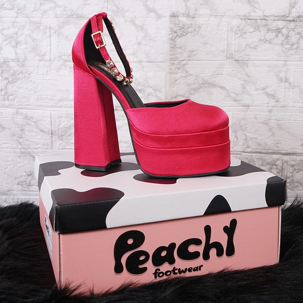 WOMEN SATIN PLATFORM CHUNKY RHINESTONE HEELS PUMPS