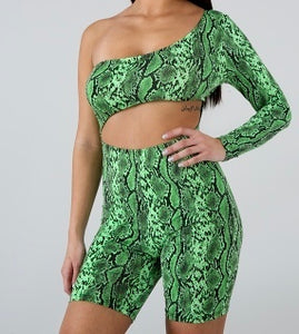 Green snakeprint one shoulder romper