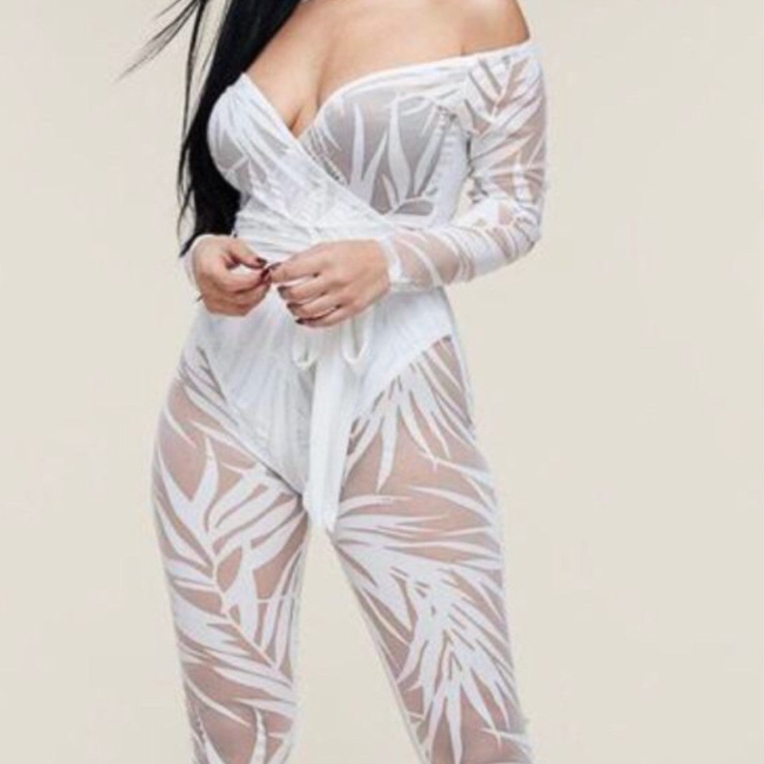 Mesh Off Shoulder Jumpsuit White