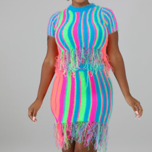 Fuzzy Fringe Skirt Set