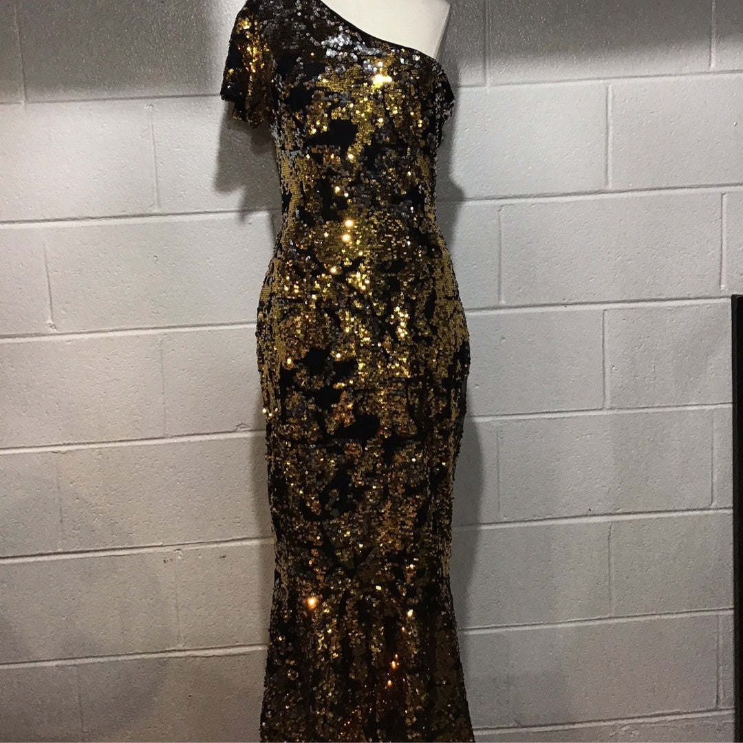 One Shoulder Gold/Black/Silver Long Sequin Dress