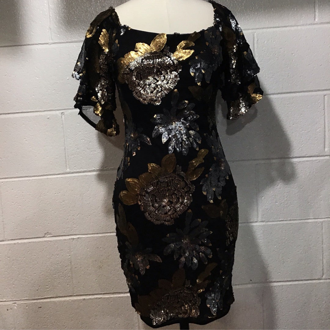 slim fit dress slacks The Ivanka Long Sleeved Gold Sequin Mini Belted Dress Black – ShopAA main image 0