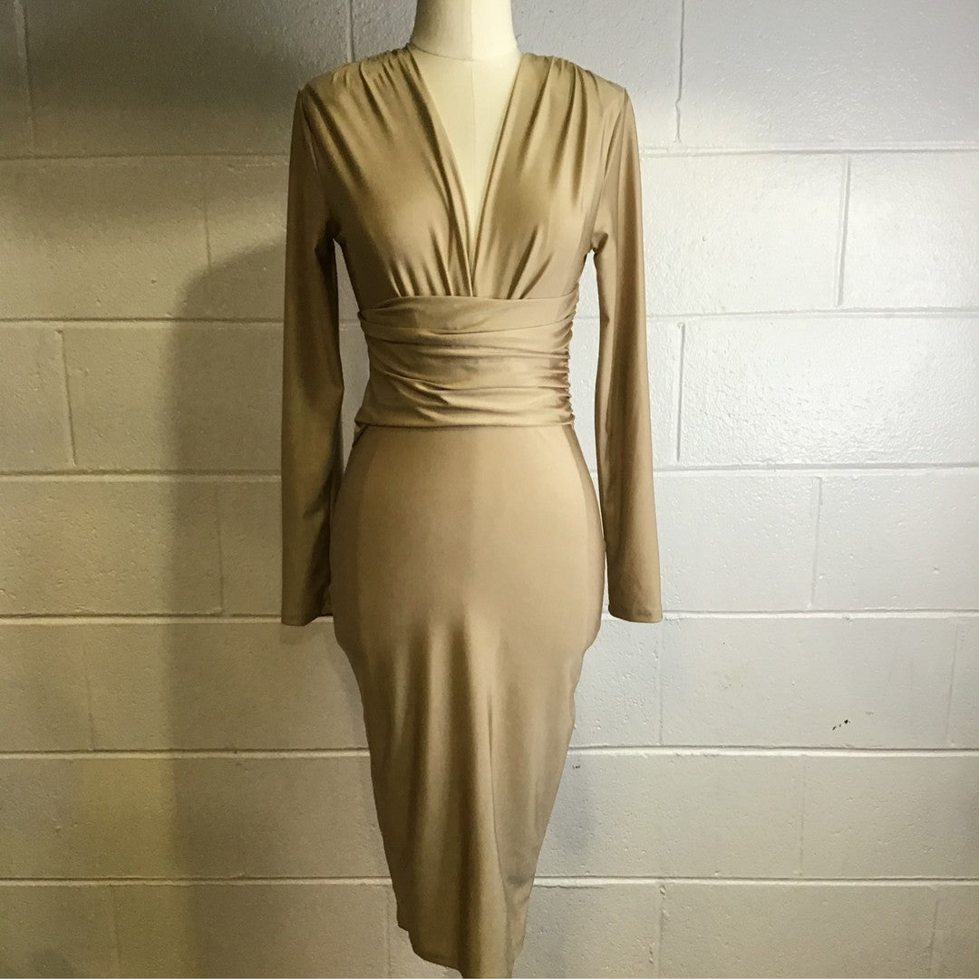 Nude Long Sleeve Runched V-Neck Dress