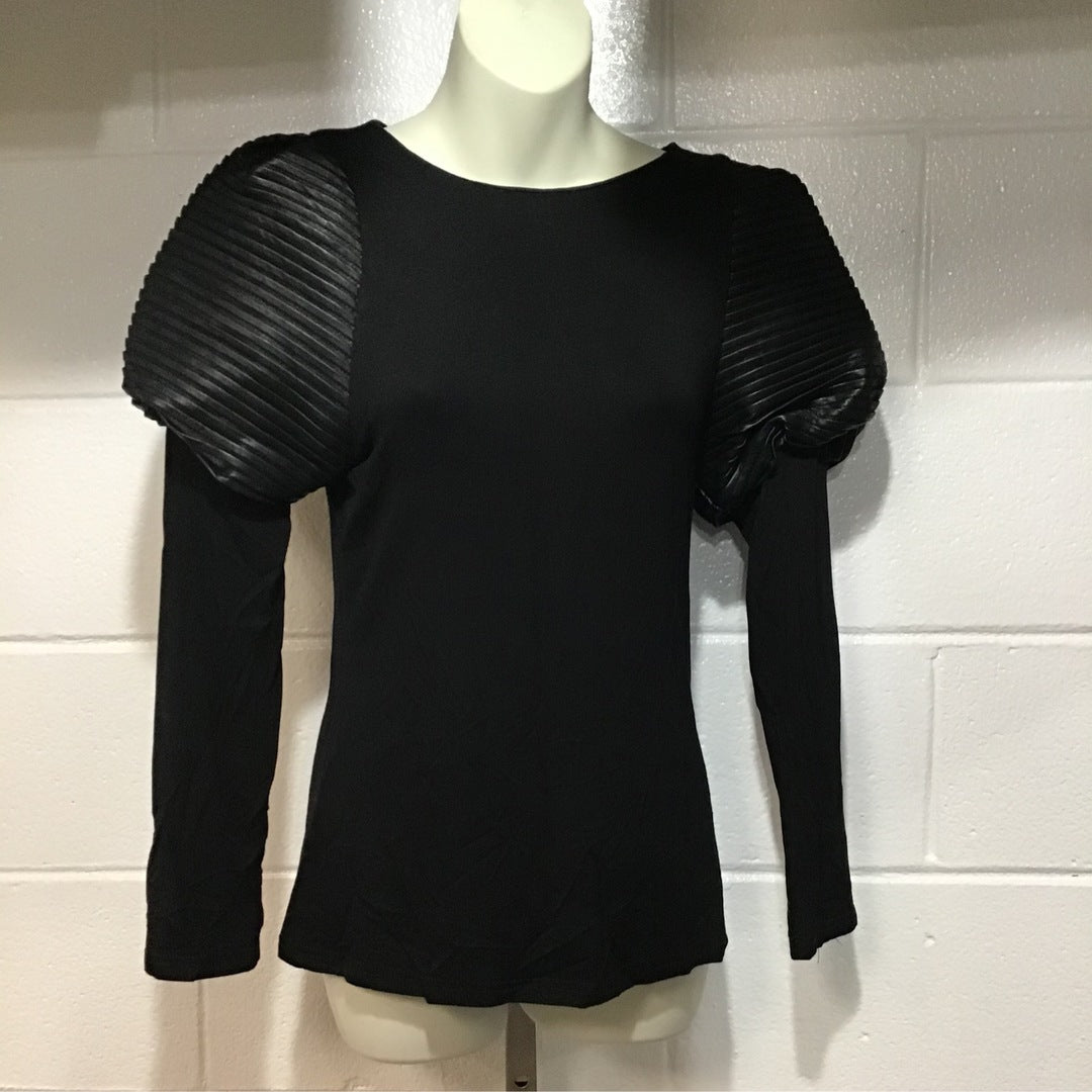 Black knit top with leather top sleeve