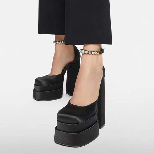 WOMEN SATIN PLATFORM CHUNKY RHINESTONE HEELS PUMPS