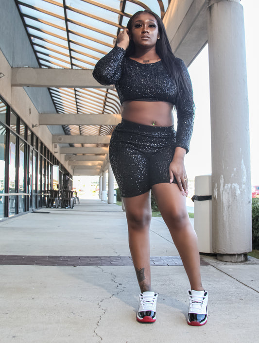 Black Sequin Biker Shortset