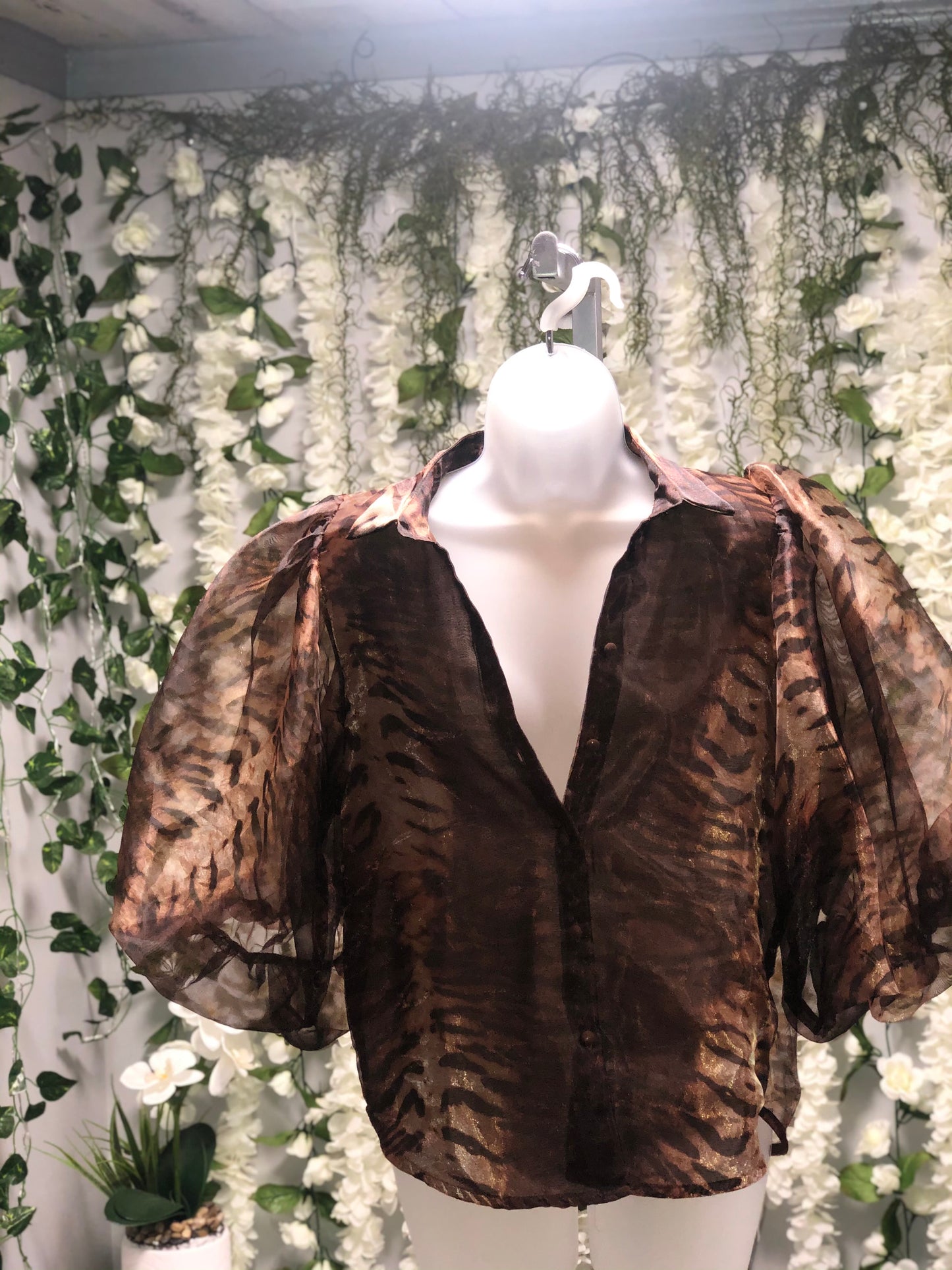 Tiger puff sleeve sheer blouse