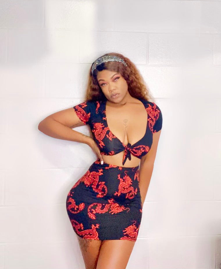 Dragon Print Mini Skirt Set